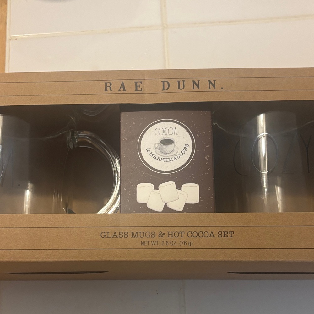 Rae Dunn Glass Mugs with Cocoa Set